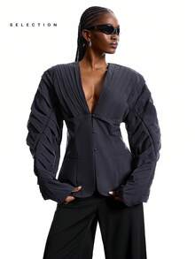 LYSMO Blusa de mujer con cuello en V profundo y plisado