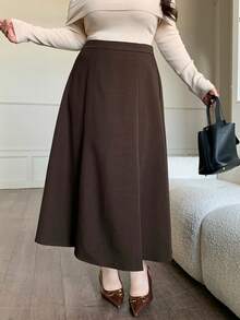 Dazy Plus Plus Size Women Solid Color Elastic Waist A-Line Long Skirt, Casual Commuting Loose Fit, Spring/Autumn - Brown - View 7