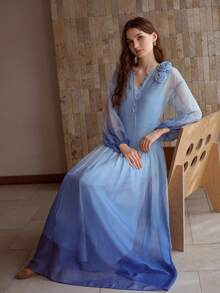 MOTF PREMIUM WOMEN'S ELEGANT FLOWY LONG MULBERRY SILK DRESS, SUMMER - Blue - View 7