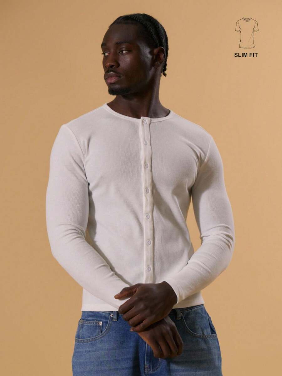 Musero Blusa de manga larga acanalada con botones, de ajuste delgado, ligera, ideal para primavera, verano, vacaciones y la playa - Blanco - Ver 1