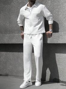 Manfinity Homme Bộ áo sơ mi dài tay trơn màu thường ngày dành cho nam - trắng - Xem 4