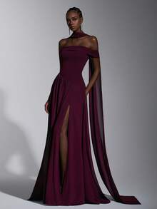 Elitara Elegant, Romantic, Fashionable Chestnut Color Elastic Fabric Shawl Flounce, Chiffon Patchwork Skirt, Big A-Line Silhouette, Front Slit, Small Train, Suitable For Wedding Guest, Holiday, Birthday Party, Wedding Ceremony, Bridesmaid Dress, Formal Evening Gown - Maroon - View 6