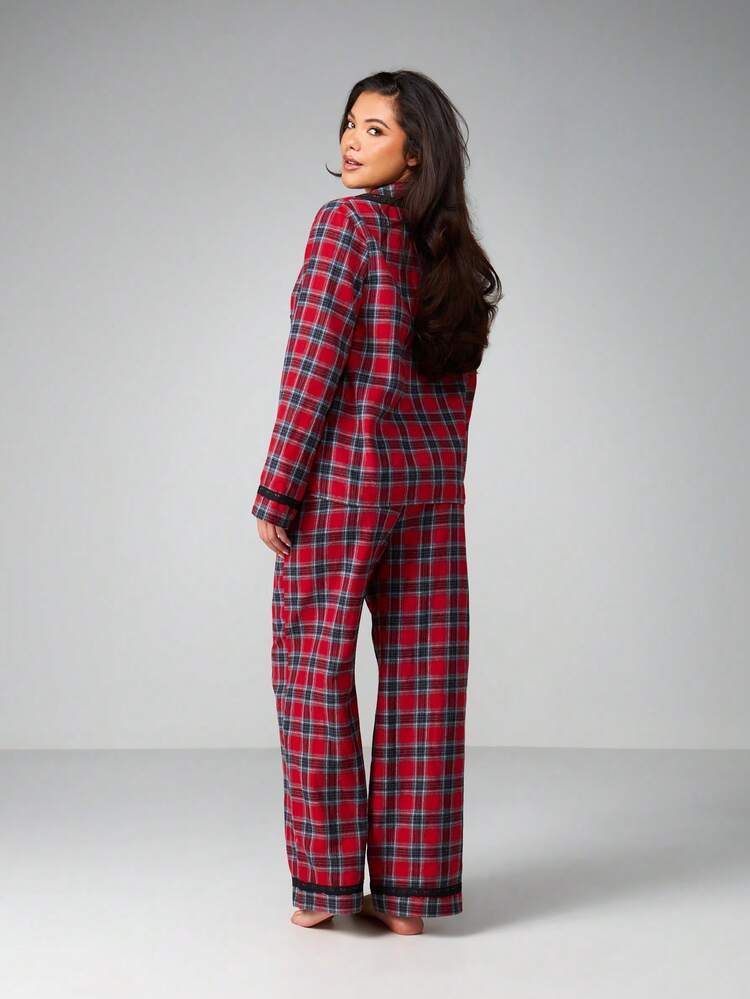 MISSGUIDED Set pigiama a quadri in flanella con bottoni, top a maniche lunghe abbinato a pantaloni lunghi, comodo set da notte e relax per le vacanze
