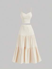 SHEIN MOD 杏色女式吊带背心和女式长裙、早午餐套装、女式两件套、内外穿搭、秋季服装、返校服装