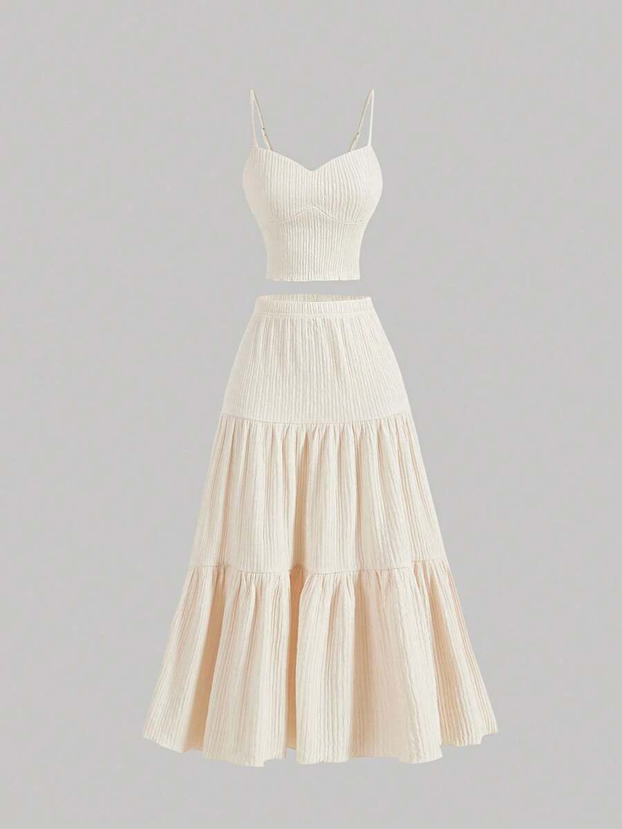 SHEIN MOD 杏色女式吊带背心和女式长裙、早午餐套装、女式两件套、内外穿搭、秋季服装、返校服装