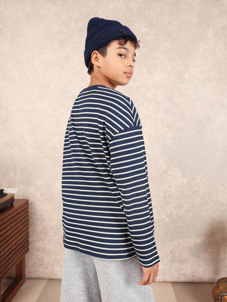 Langärmliges, gestreiftes Waffelshirt mit Boston-Motiv