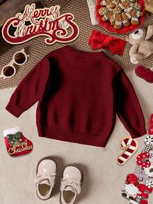 SHEIN Suéter informal de cuello redondo con estampado de oso para niña, otoño/invierno - Burdeos - Ver 2