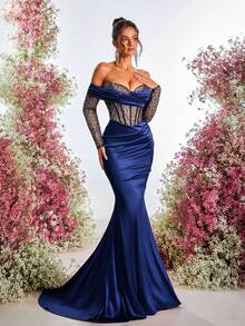 Glamrae 优雅奢华的露肩亮片珍珠装饰弹力针织美人鱼裙，适合婚礼、派对、度假、盛会、正式场合（重磅款） - 藏蓝色 - 查看 4