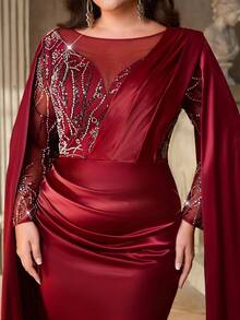 Aureia Váy đuôi cá dáng suông dài tay bo gấu, cổ tròn, thêu sequin, chất liệu satin co giãn, sang trọng, thanh lịch, cỡ lớn, phù hợp cho tiệc tối, tiệc độc thân, hẹn hò, dạ hội, đám cưới, dịp trang trọng (trang trí nhiều) - Màu Đỏ Sâu - Xem 7
