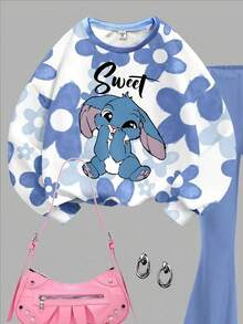 SHEIN Leap Crew 可爱卡通蓝色兔子图案，蓝色渐变花卉，少女休闲宽松圆领长袖卫衣和喇叭裤两件套，返校季，2000年代风格，Y2K，韩版风格，秋季/秋季，返校节，冬季，颓废风，条纹，舒适休闲，时尚童装，嬉皮音乐节 - 彩色 - 查看 7