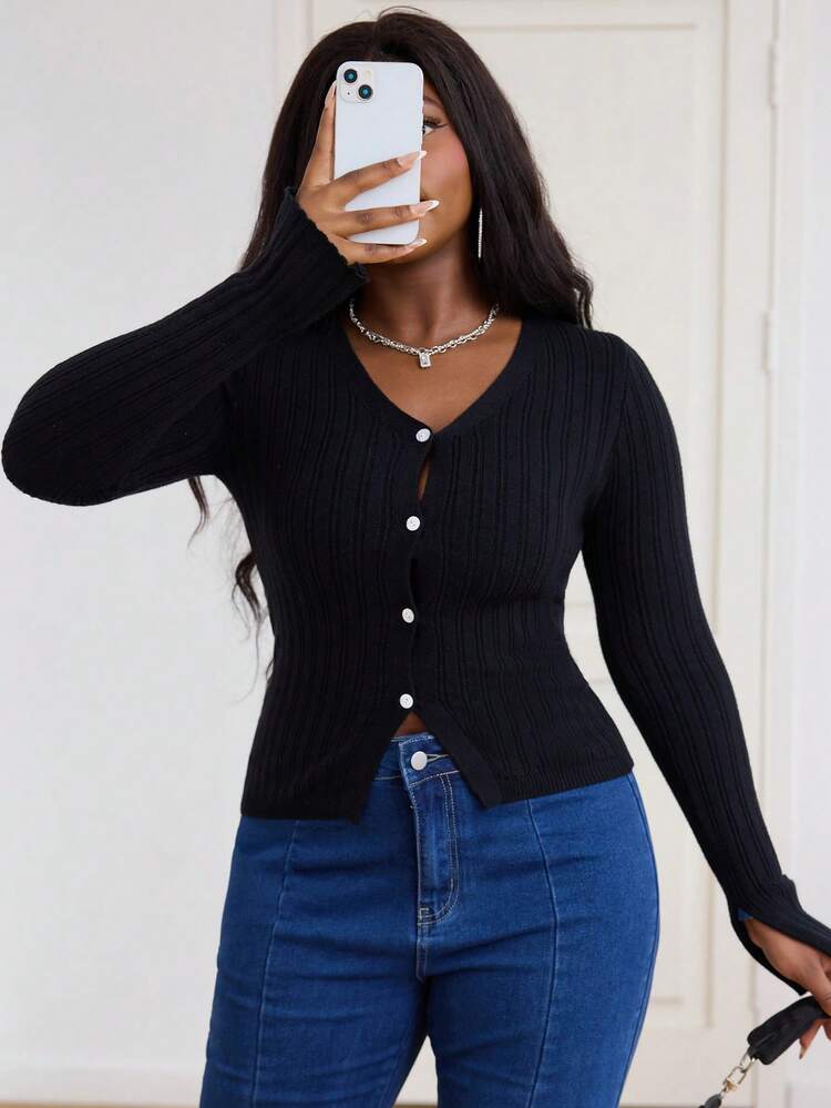 Women's Solid Color Long Sleeve V-Neck Slim Fit Cardigan With Front Buttons