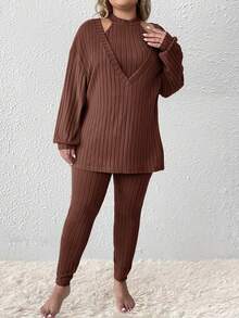 SHEIN LUNE Knitted Brushed Ribbed Long Sleeve T-Shirt, Halter Neck Tank Top And Pants Set, Plus Size - Brown - View 4