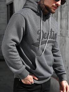 Manfinity Homme 男士字母刺绣长袖连帽衫 - 灰色 - 查看 4