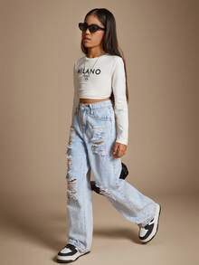 Radiana Tween Girls Fashion Casual Y2k Vintage Cool Comfortable Cut Out Ripped Frayed Design Blue Loose Jeans For Tween Girl Clothes Girls Costume Dailywear And Tween Girl Fall And Autumn Or Winter Clothes Back To School Homecoming Rave Outfits Festival And Beach Outfits Streetwear School Clothes Teen Girl Jean Outfit Wide Leg Jeans - Blue - View 6