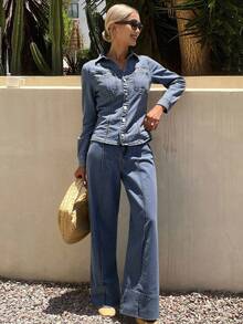 Livesso Autumn/Winter New Loose Casual Urban Style Women Denim 2 Pieces Set - Blue - View 4