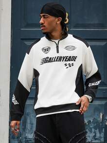 GALLERY FADE 男士休闲撞色拼接字母印花卫衣，秋冬男士街头风拉链图案卫衣 - 黑色 - 查看 8