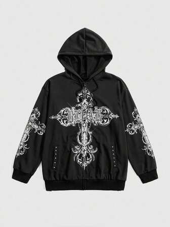 Plus Size Gothic Cross Print Rhinestone Rivet Loose Open Front Long Sleeve Hoodie