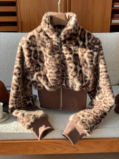 Comfortcana Women's Leopard Print Fashionable Stand Collar Short Faux Fur Jacket, Versatile Cheetah Jacket