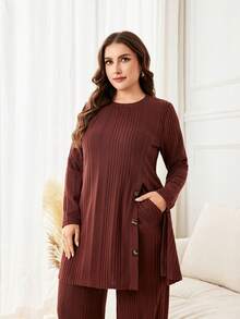 Lacomfia Brown Striped Knit 2-Piece Set Women, Round Neck Long Sleeve Button Decor Mid-Length Top + Wide Leg Pants Casual Plus Size - Brown - View 1