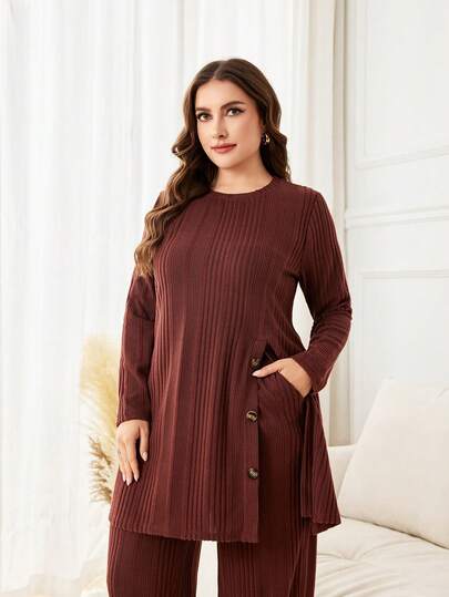 Lacomfia Conjunto de 2 piezas de punto a rayas marrones para mujer, top de manga larga con cuello redondo y decoración de botones de longitud media + pantalones de pierna ancha de talla grande informal