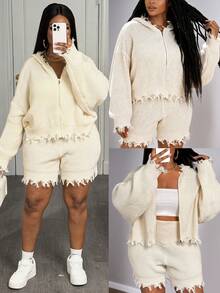 Slaydiva 2025 秋冬新品 纯色卡其色流苏连帽短裤针织套装 大码女装 - 卡其色 - 查看 3