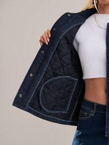 Avantive Fall & Winter Women  Blue Denim Jacket Christmas New Years Holiday Party Women Coat Black Blue Coat Holiday New Years Loose Coat Long Sleeve Coat New Years Eve New Years Christmas Party Women Denim Holiday Women Holiday Christmas Y2k Loose Collared Retro Party Wear Blue Washed With Pockets Street Style Belt Classy Daily Wear Casual Denim Coat Padded Denim Warm Denim Ladies Denim Thick Jacket Lambswool Denim Women's Denim Jacket Women's Denim Jacket Quilted Denim Jacket Jeans Jacket For Woman - Dark Wash - View 9