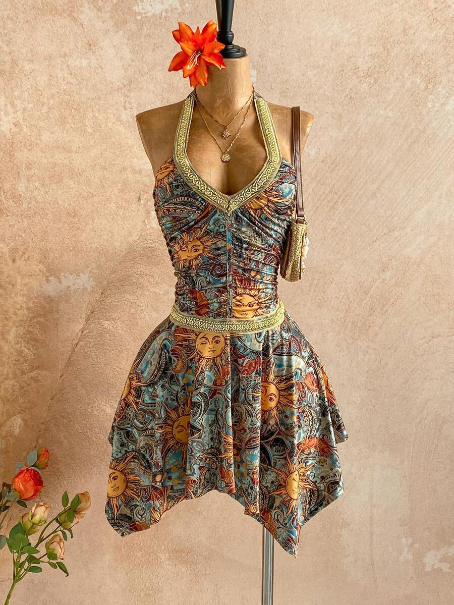 Soleia Women's Blue Summer Boho Vacation Mini Dress,Retro Paisley Print,Halter Neck,Beaded Ribbon,Asymmetric Ruffle Hem, Date Holiday Outfit - Green - View 1