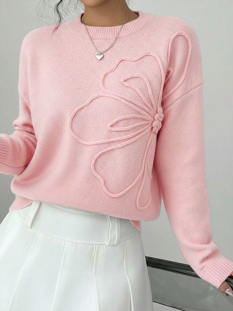 SHEIN Suéter de cuello redondo con patrón floral y unicolor para adolescentes, decoración de flores 3D, adecuado para invierno y Halloween - Rosa - Ver 1