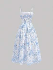 SHEIN MOD Plant Printed Pleated Cami Dress,Pastel Dresses For Women - Blue and White - View 2