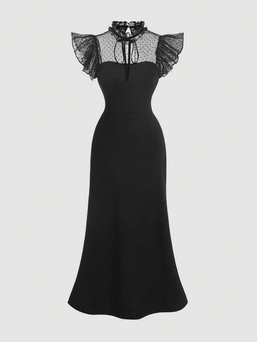 SHEIN MOD 黑色长裙，撞色网纱系带领口荷叶边装饰