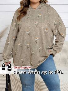 SHEIN CURVE+ 大码女式黑色长袖连帽休闲宽松卫衣，适合秋冬季穿着 - 彩色 - 查看 3
