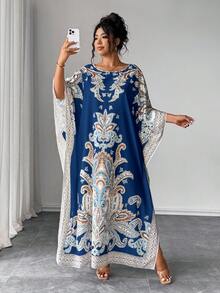 Rometta Đầm suông cổ tròn tay cánh dơi in họa tiết cỡ lớn, dáng rộng, thích hợp cho kỳ nghỉ và tiệc tùng - Xanh đậm - Xem 4
