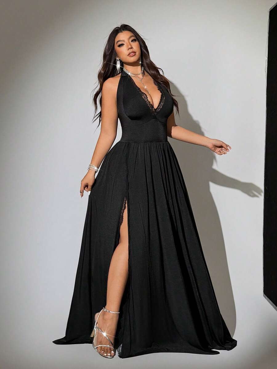 Viva Relle Plus Size V-Neck Sexy Formal Dress, Suitable For Banquet, Date, Valentine's Day Party - Black - View 1