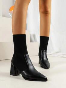 Botines de mujer estilo calcetín punta fina sin cordones tacón grueso moda urbana otoño invierno botas negras - Negro - Ver 6