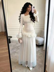 Rafferiza Vestido de seda de gasa de manga larga con cuello asimétrico y decoración de plumas, ajuste ceñido, adecuado para uso diario, bodas, galas, ir al trabajo, fiestas de graduación, vacaciones, citas, fiestas, Halloween, Navidad, Año Nuevo, Acción de Gracias - Albaricoque - Ver 1