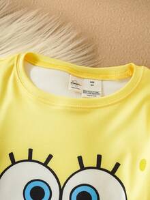 SpongeBob SquarePants | SHEIN Tween Boy Cute Cartoon Graphic Long Sleeve T-Shirt And Brown Pants Snug Fit Pajama Set