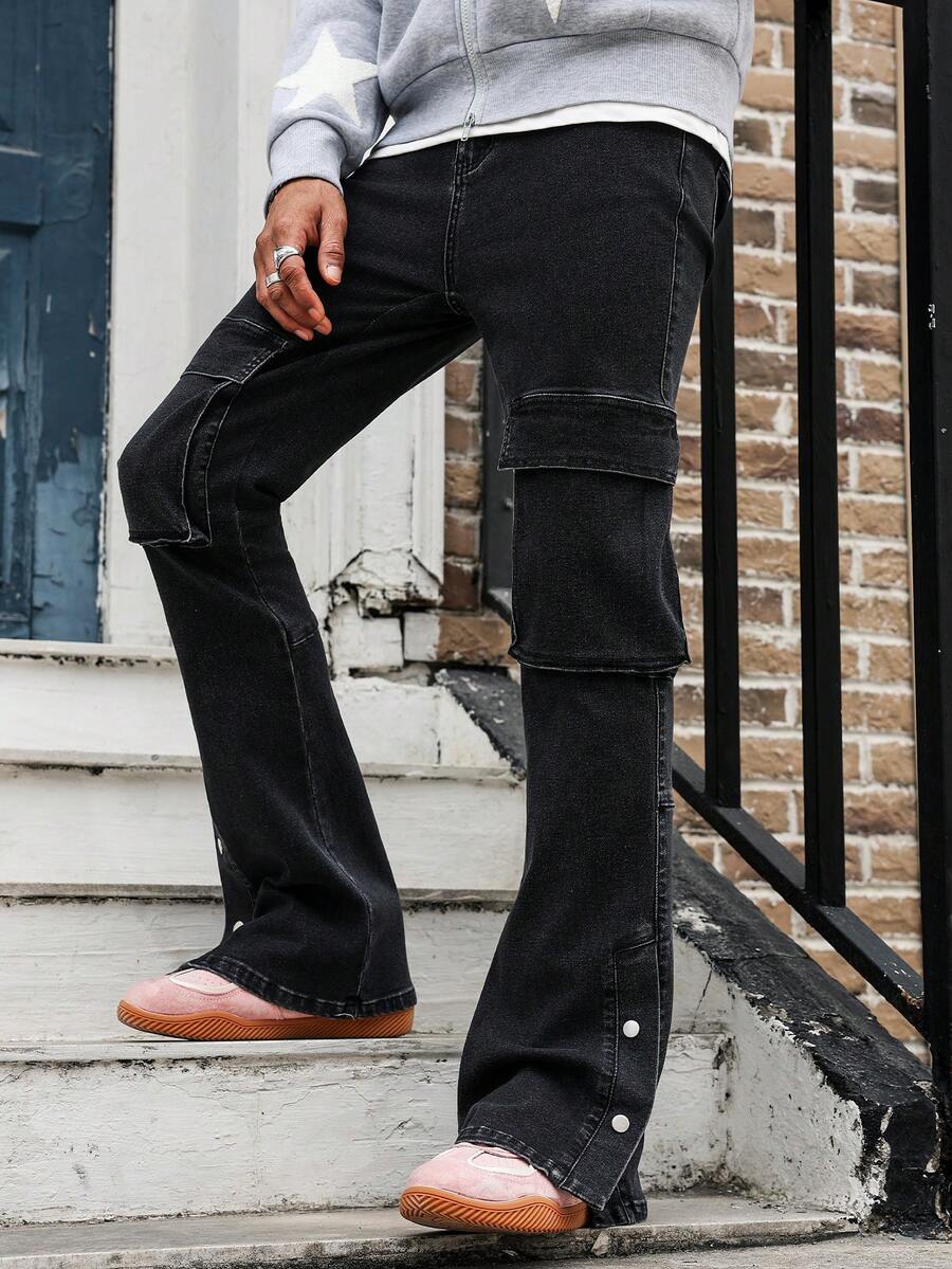 GALLERY FADE Men's Stretch Cargo Pocket Casual Flared Jeans - Black - View 1