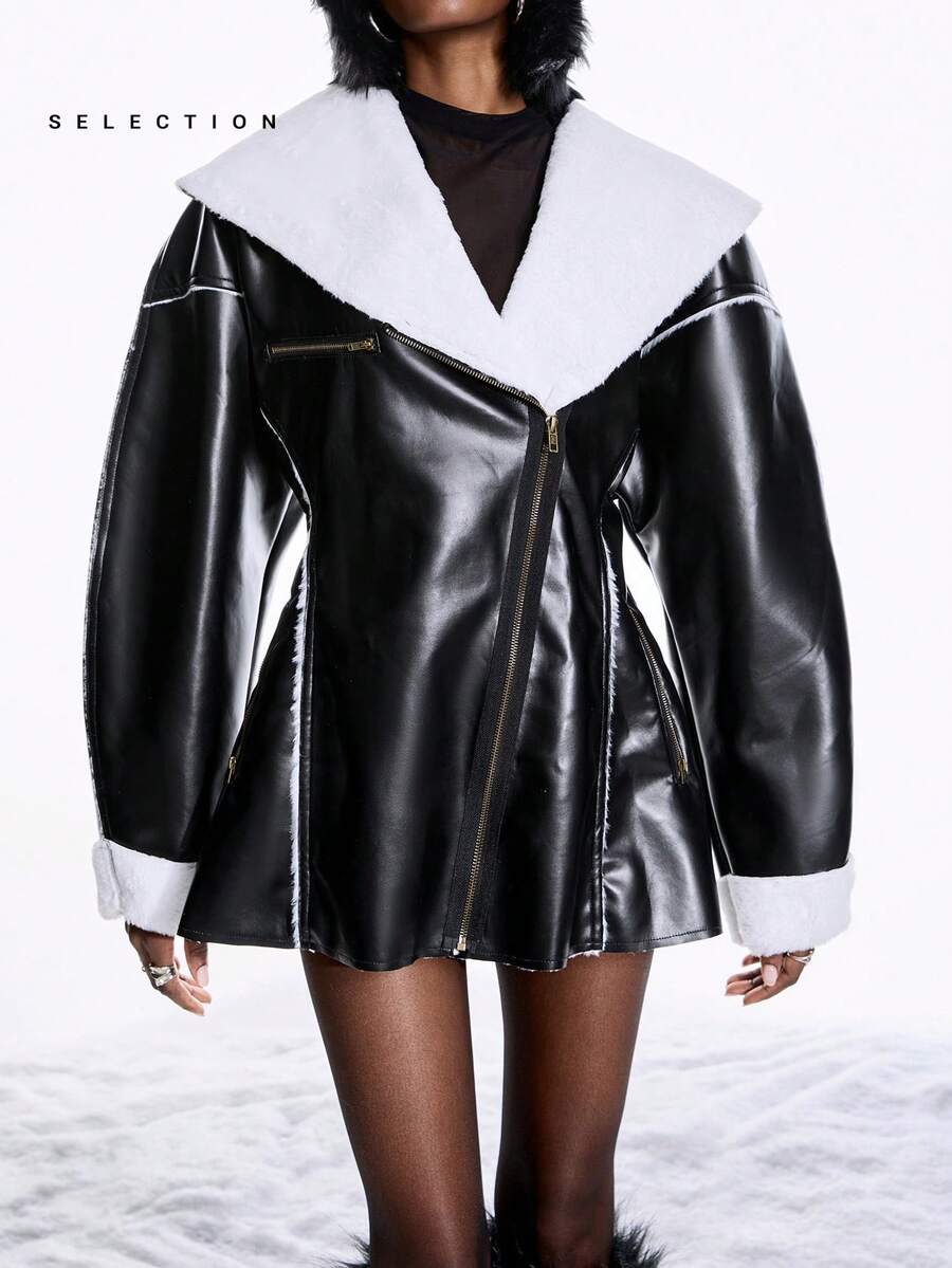 LYSMO Jachetă de damă din piele PU și blană artificială, stil Street Fashion, model patchwork, stil obișnuit - Alb-negru - Vizualizare 1