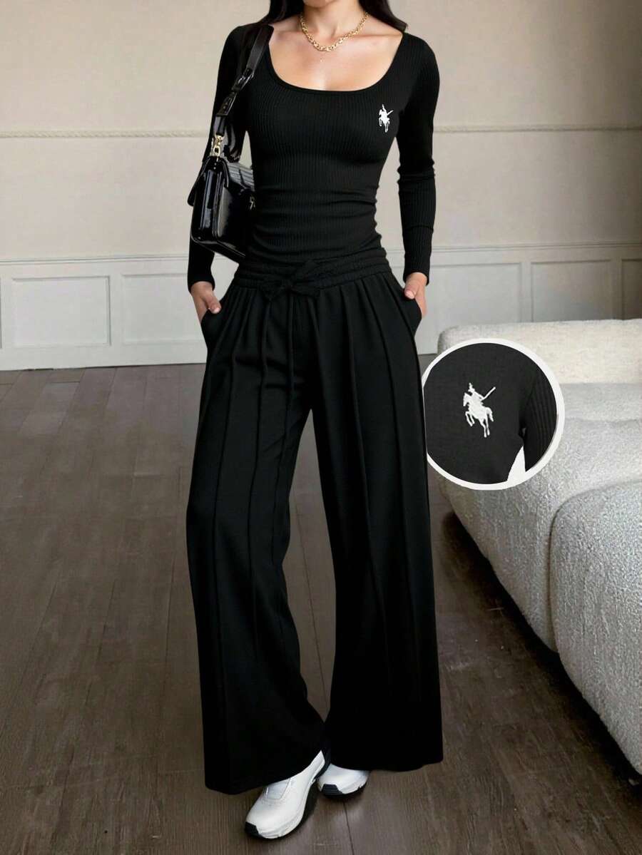 SHEIN Teen Girls Casual Round Neck Long Sleeve Top And Pants Set - Black - View 1