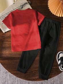 两件套男童摩托车图案印花休闲舒适深绿色圆领T恤+黑色裤子短袖套装 - 彩色 - 查看 2