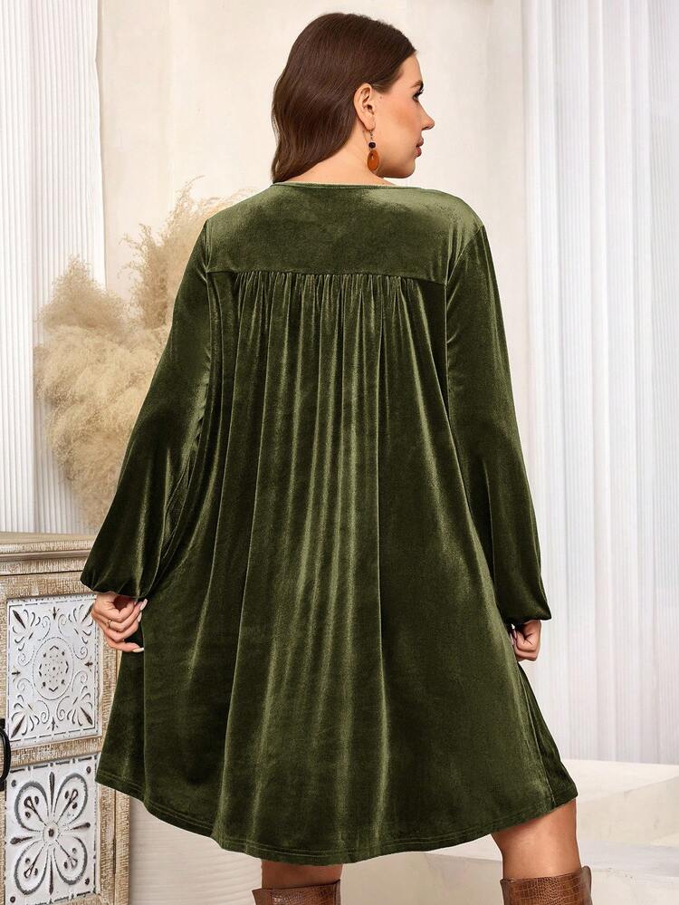 Plus Size Women's Elegant Olive Green Velvet Lace Patchwork Dress,Autumn 70's Vintage V-Neck Long Sleeve Party Dress,Casual Fall Winter Vacation Wear