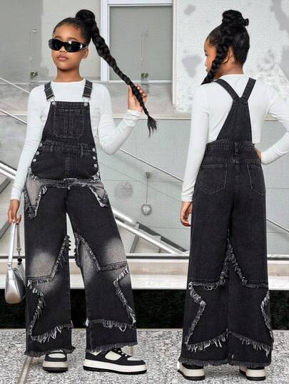 SHEIN 青少年女孩 Y2K 时尚星星拼接流苏宽松阔腿牛仔裤工装裤连体裤，毛边下摆和斜口袋，时尚休闲 Y2k 复古酷炫街头重返校园学院口袋设计蓝色牛仔工装裤，适合青少年女孩服装，儿童日常穿着冬季和秋季狂欢装扮节日和服装街头服饰校服