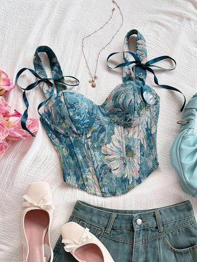 Soleia Canotta da donna con fiori jacquard e laccio frontale in stile Y2K