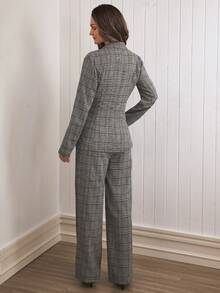 Louniche 标准尺码条纹格子休闲西装外套+直筒裤女士套装 - 彩色 - 查看 2