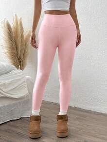 SHEIN EZwear 女士休闲纯色罗纹保暖打底裤，秋冬粉色保暖打底裤 - 淺粉色 - 查看 6