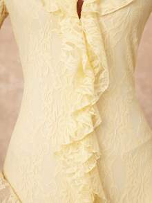 Lumalex VITNOS 女士 V 领浅黄色喇叭袖优雅蕾丝荷叶边连衣裙，春季穿搭，春秋季，情人节连衣裙，节日连衣裙，度假季特别装扮，优雅派对连衣裙，女士春季连衣裙，正式礼服，魅力优雅连衣裙，新款女装，奢华连衣裙，新年除夕连衣裙，舞会聚会派对宴会，低调奢华的节日派对狂欢节郊游度假热门户外层次丰富的婚礼季宴会圣诞节新年派对造型 - 鵝黃色 - 查看 9