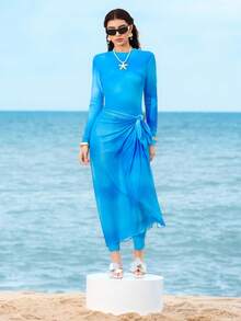 Swim Shayni 夏季时尚高端渐变印花连体泳衣，搭配薄纱纱笼裙 - 藍色 - 查看 1