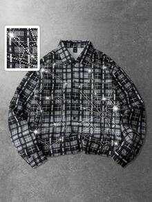 ROMWE MEN Street Life Men's Shirt With Rhinestone Plaid Pattern, Long Sleeve, Streetwear American Style - Black - View 3