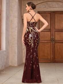SHEIN Belle Váy hai dây in họa tiết sequin bó sát dự tiệc cho trang phục dự tiệc ngày lễ dành cho nữ - Màu Đỏ Sâu - Xem 2