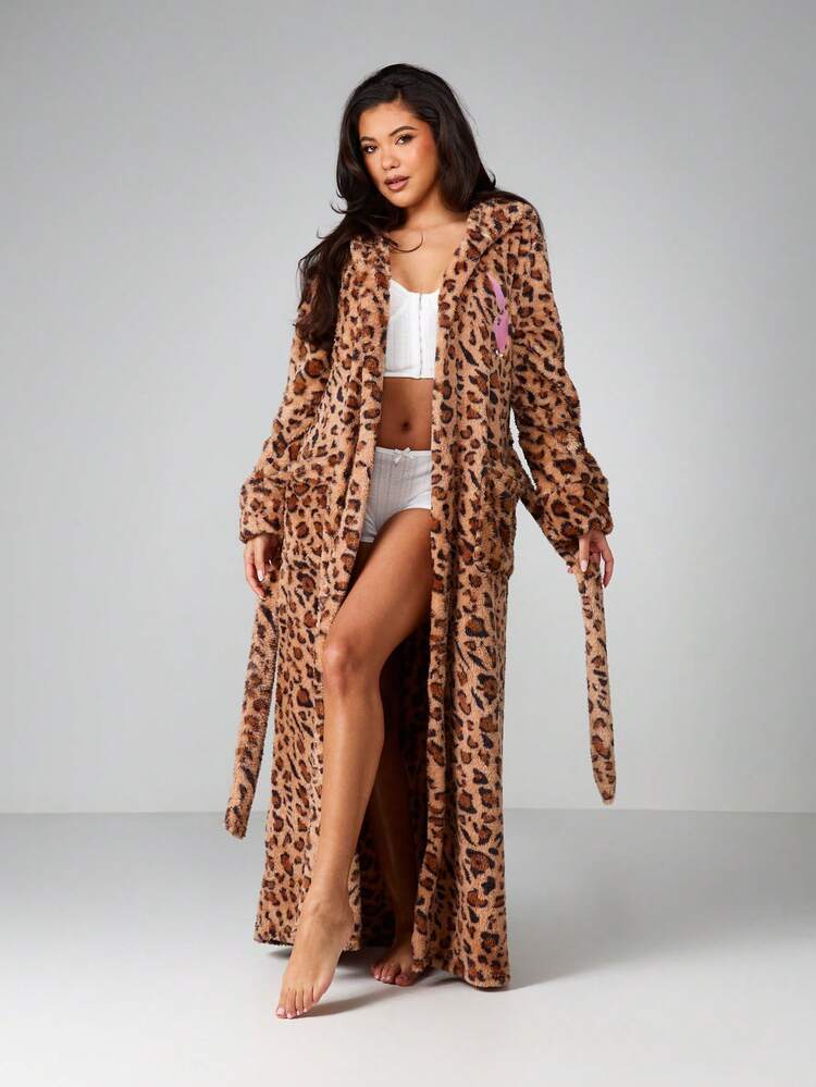 Missguided x Playboy Christmas Leopard Print Fleece Long Robe With Hood